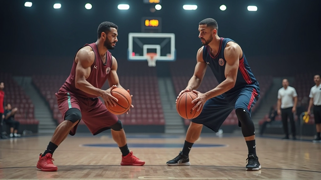 لاعبو كرة سلة في موقف دفاعي منظم، يراقبون المنافسين بحذر