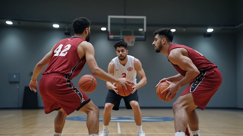 لاعبو كرة سلة يمارسون تمرين الحركة الدفاعية والتمركز