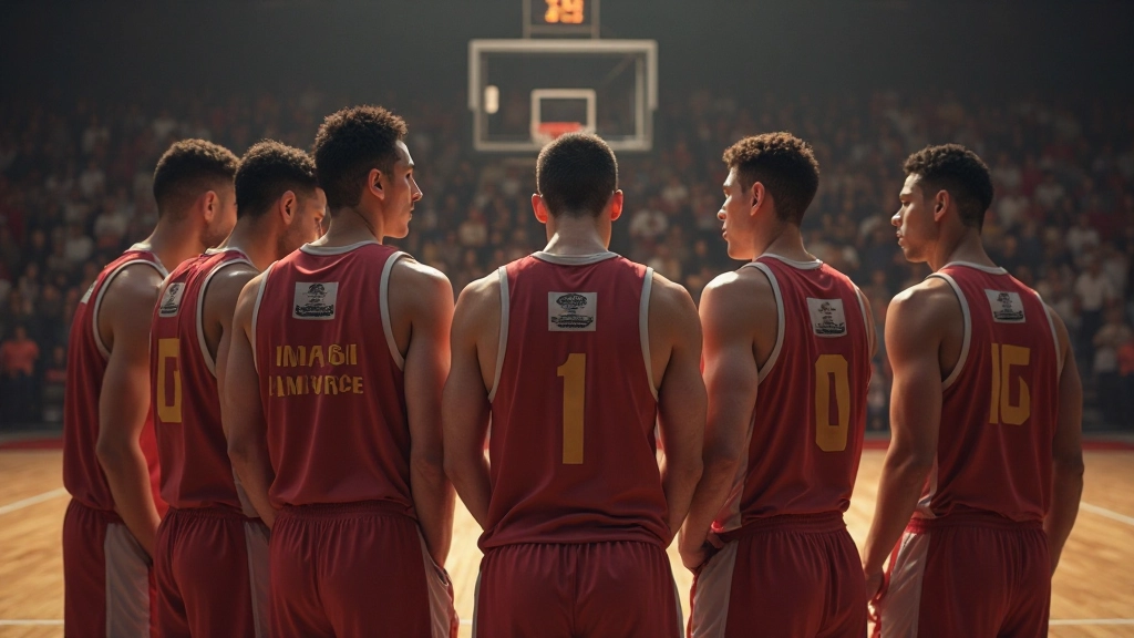 فريق كرة السلة يقف معاً قبل بدء المباراة، اللاعبون يرتدون الزي الرسمي للفريق