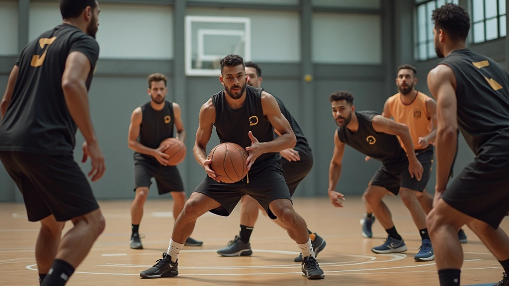 فريق كرة سلة يمارسون تمرينات على الملعب